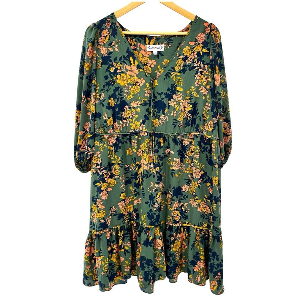 NANETTE Lepore Green Floral Midi‎ Wrap Dress Tiered Hem Button Closure Size 14